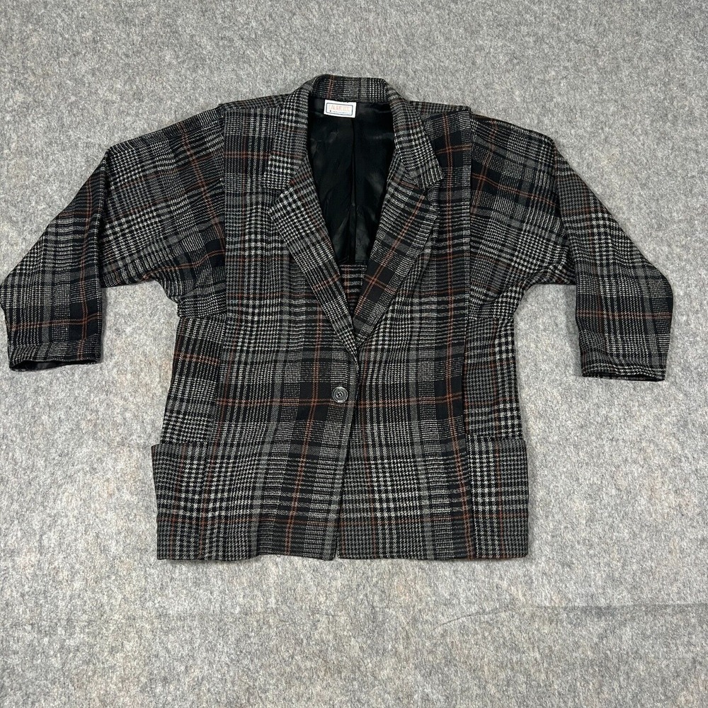 Laurie Lee Women's Blazer Coat Medium Gray Plaid Long Sleeves Single-breasted